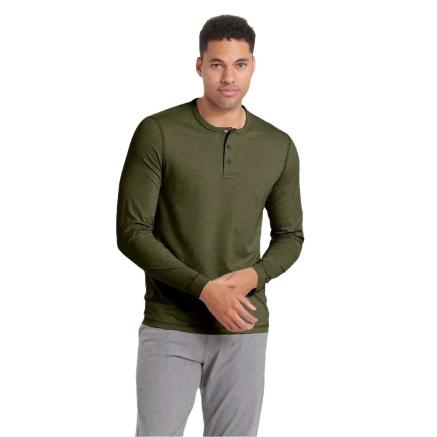 Vuori 01. MENS APPAREL - MENS LS SHIRTS - MENS LS CASUAL Men's Long Sleeve Ease Performance Henley HOR OREGANO HEATHER