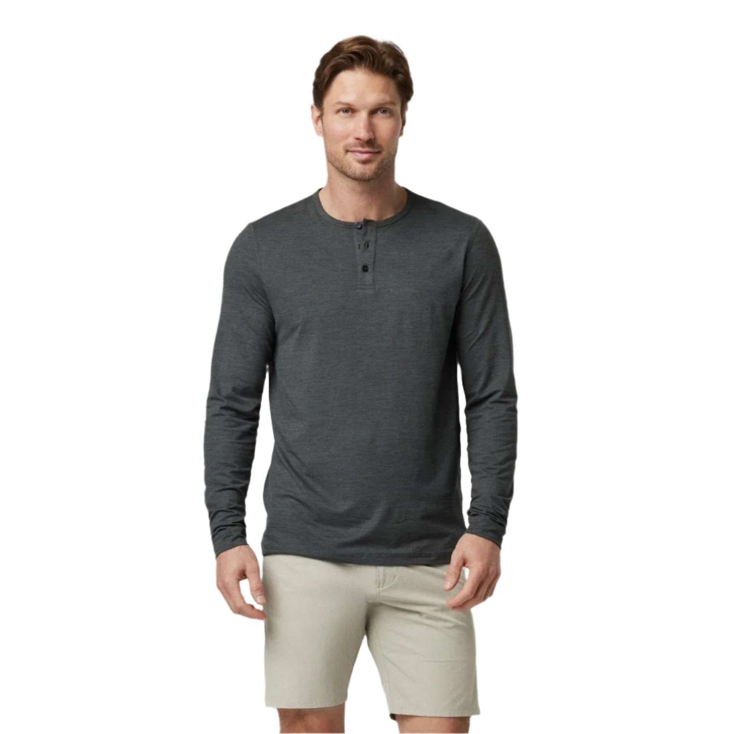 Vuori 01. MENS APPAREL - MENS LS SHIRTS - MENS LS CASUAL Men's Long Sleeve Ease Performance Henley HCC CHARCOAL HEATHER