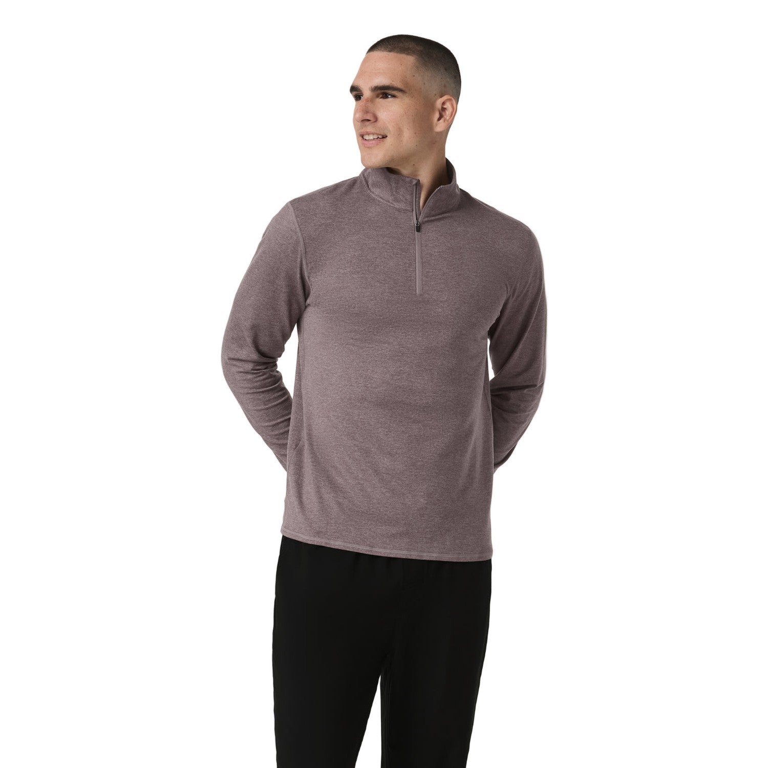 Vuori 01. MENS APPAREL - MENS HOODIES|SWEATERS - MENS PO Q ZIP Men's Ponto Half Zip Mock Neck HHB HUCKLEBERRY HEATHER