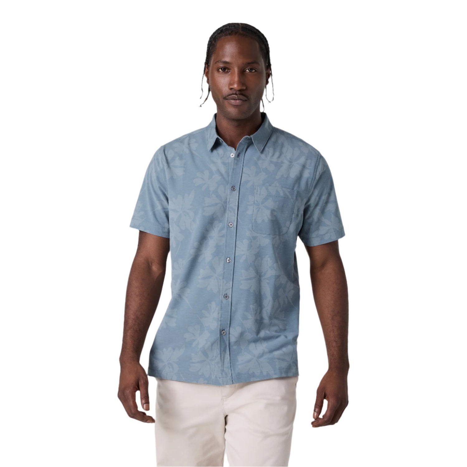 Vuori 01. MENS APPAREL - MENS SS SHIRTS - MENS SS BUTTON UP Men's Short Sleeve Bridge Button Down DBP DUSTY BLUE PLUMERIA