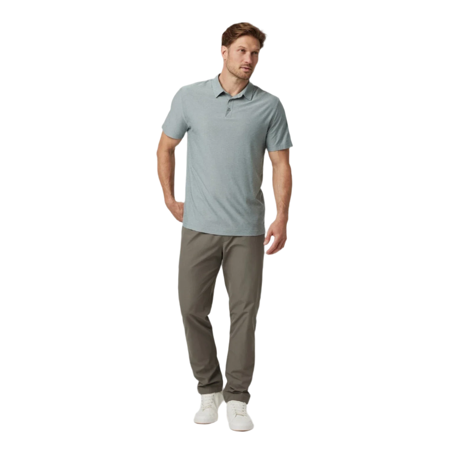 Vuori 01. MENS APPAREL - MENS SS SHIRTS - MENS SS POLO Men's Strato Tech Polo HVP VINTAGE PISTACHIO HEATHER