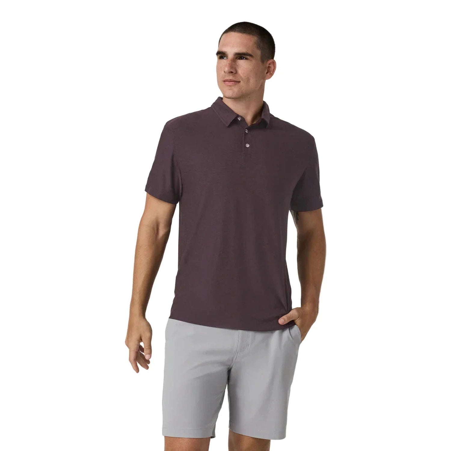 Vuori 01. MENS APPAREL - MENS SS SHIRTS - MENS SS POLO Men's Strato Tech Polo HRA RAISIN HEATHER