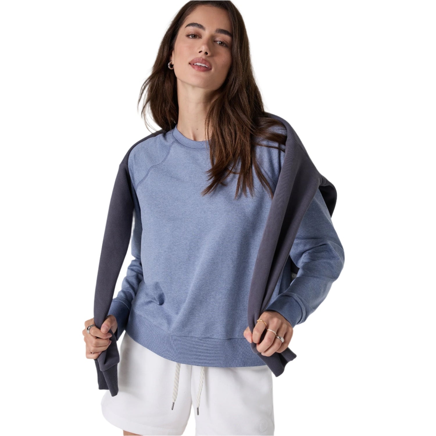 Vuori 02. WOMENS APPAREL - WOMENS HOODIES|SWEATERS - WOMENS PO SWEATERS Women's Long Sleeve Halo Crew HBH BLUE HERON HEATHER