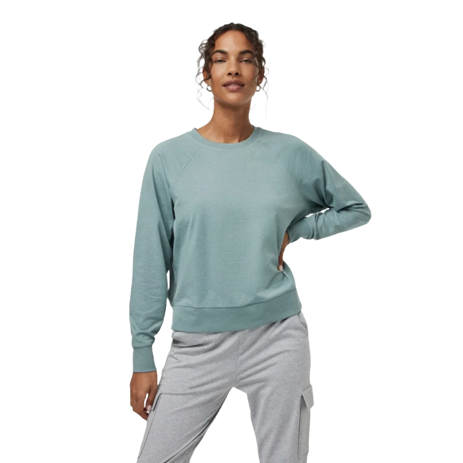 Vuori 02. WOMENS APPAREL - WOMENS HOODIES|SWEATERS - WOMENS PO SWEATERS Women's Long Sleeve Halo Crew HVP VINTAGE PISTACHIO HEATHER