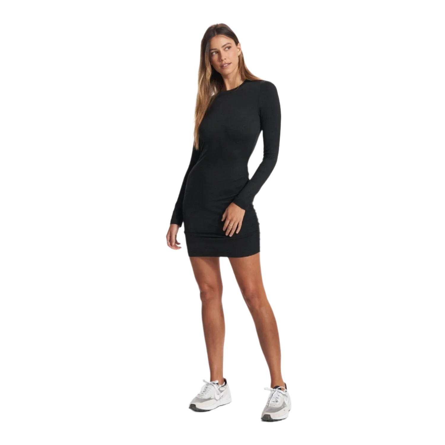 Vuori 02. WOMENS APPAREL - WOMENS DRESS|SKIRT - WOMENS DRESS ACTIVE Women's Long Sleeve Halo Essential Dress HBK BLACK HEATHER