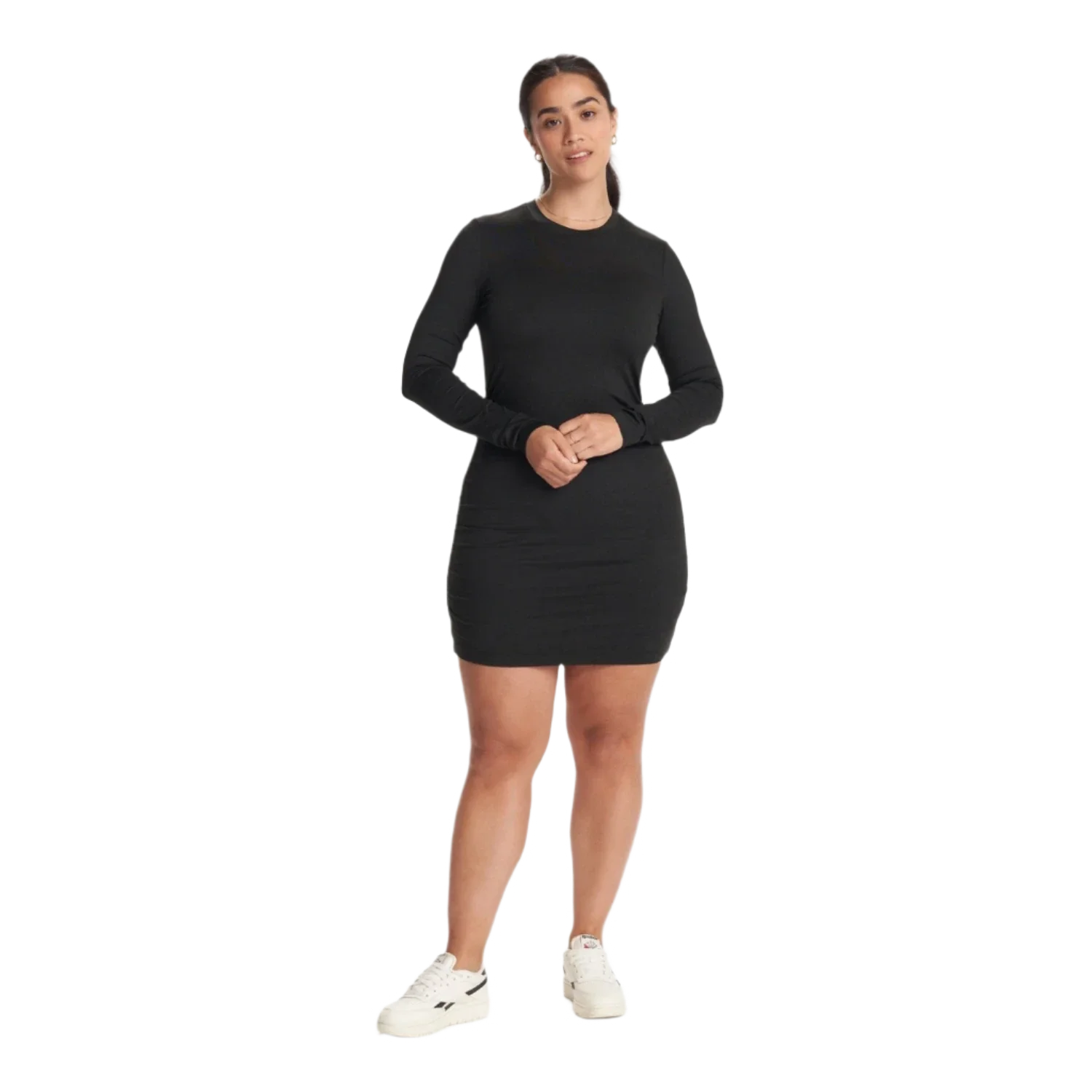 Vuori 02. WOMENS APPAREL - WOMENS DRESS|SKIRT - WOMENS DRESS ACTIVE Women's Long Sleeve Halo Essential Dress HBK BLACK HEATHER