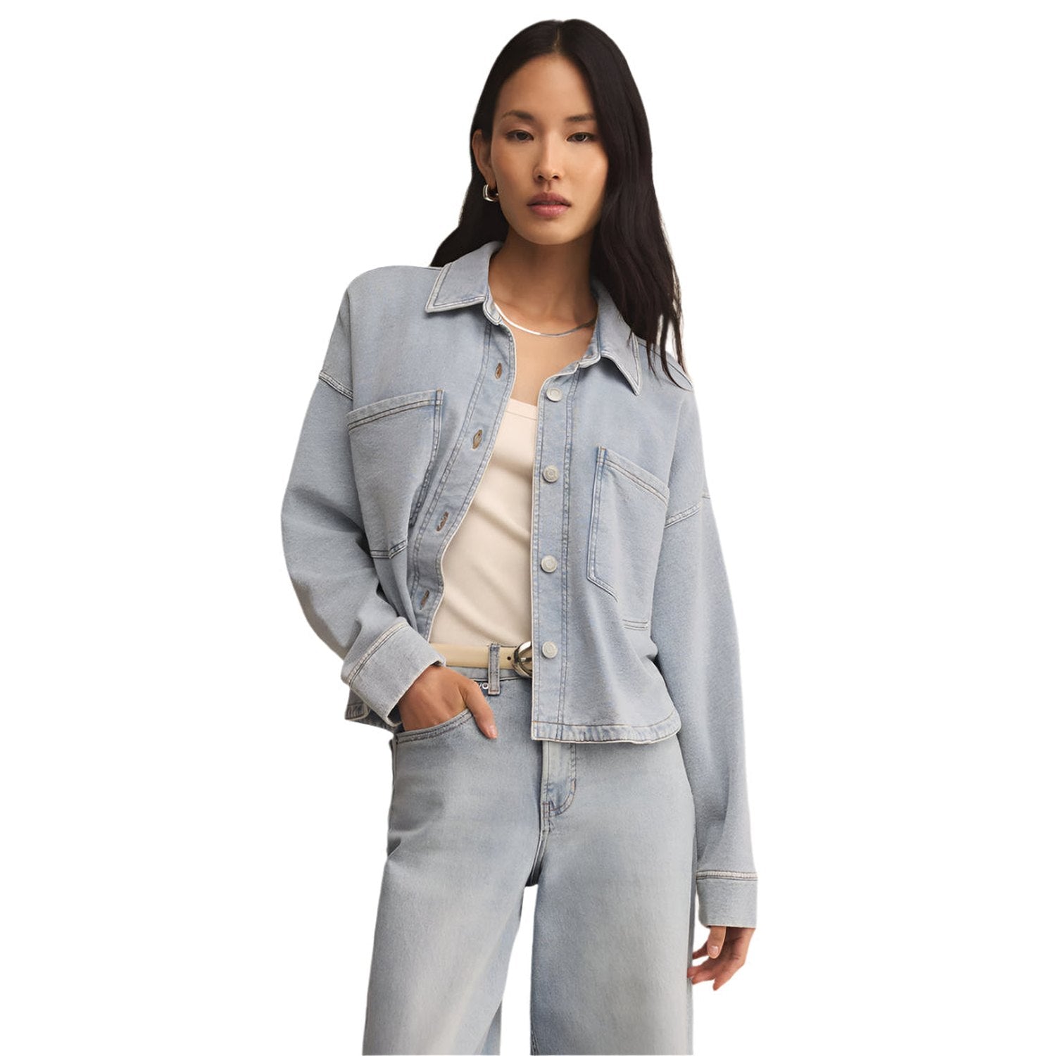 Z Supply 02. WOMENS APPAREL - WOMENS JACKETS - WOMENS JACKETS CASUAL Women's All Day Cropped Knit Jacket WAI WASHED INDIGO