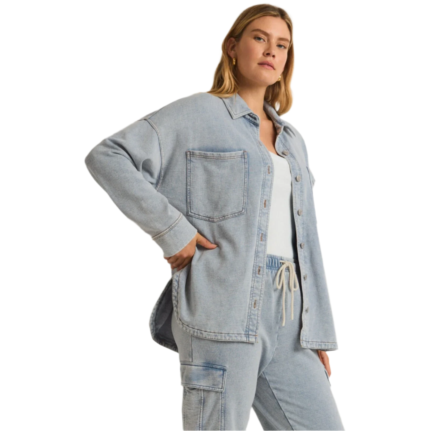 Z Supply 02. WOMENS APPAREL - WOMENS JACKETS - WOMENS JACKETS CASUAL Women's All Day Knit Denim Jacket WASHED INDIGO