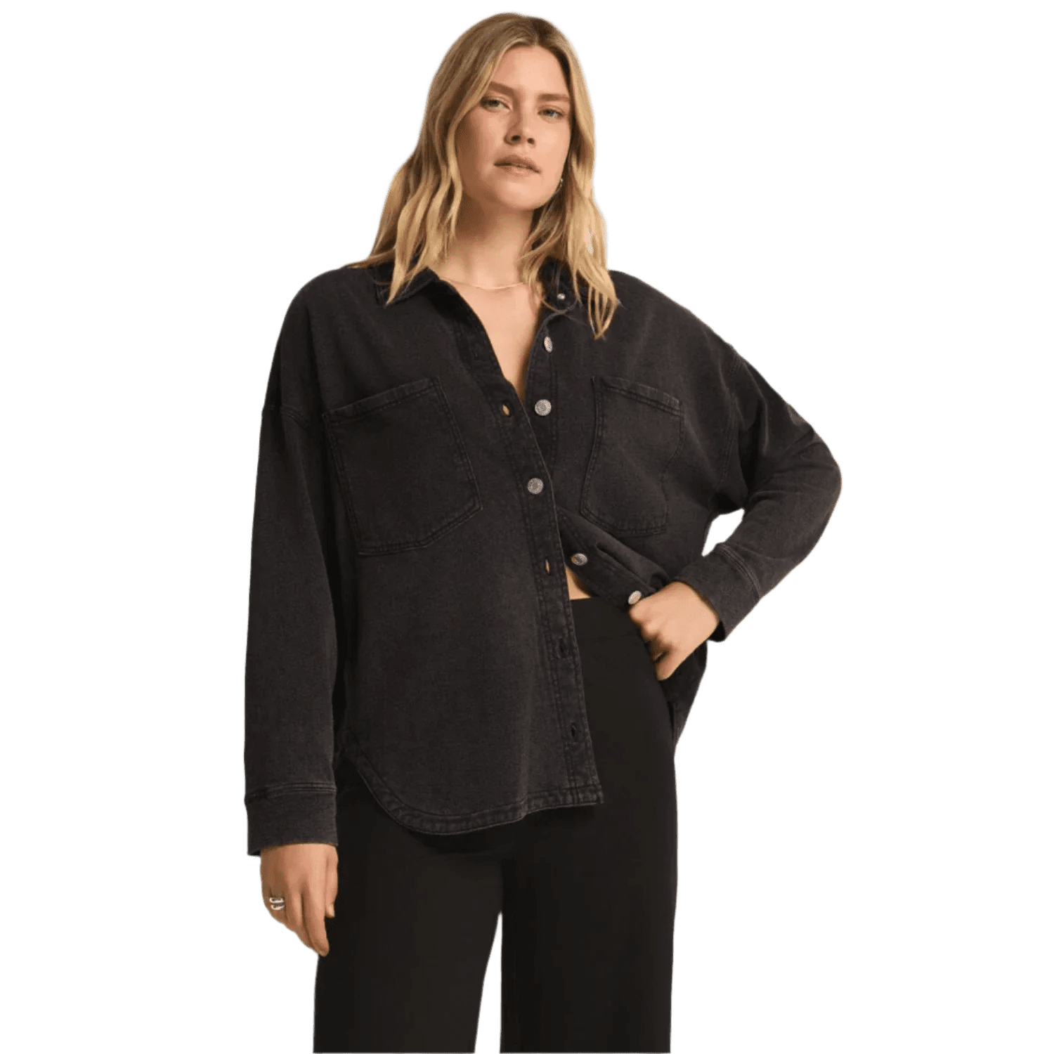 Z Supply 02. WOMENS APPAREL - WOMENS JACKETS - WOMENS JACKETS CASUAL Women's All Day Knit Denim Jacket VBK VINTAGE BLACK