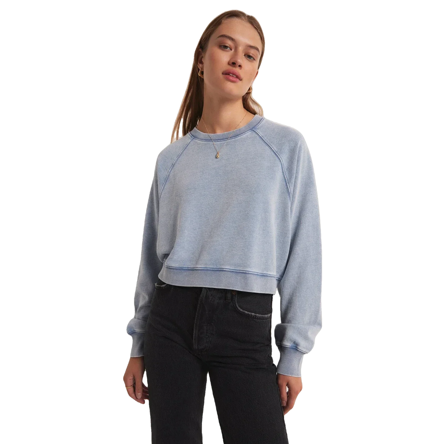 Z Supply 02. WOMENS APPAREL - WOMENS HOODIES|SWEATERS - WOMENS PO SWEATERS Women's Crop Out Knit Denim Sweatshirt WAI WASHED INDIGO