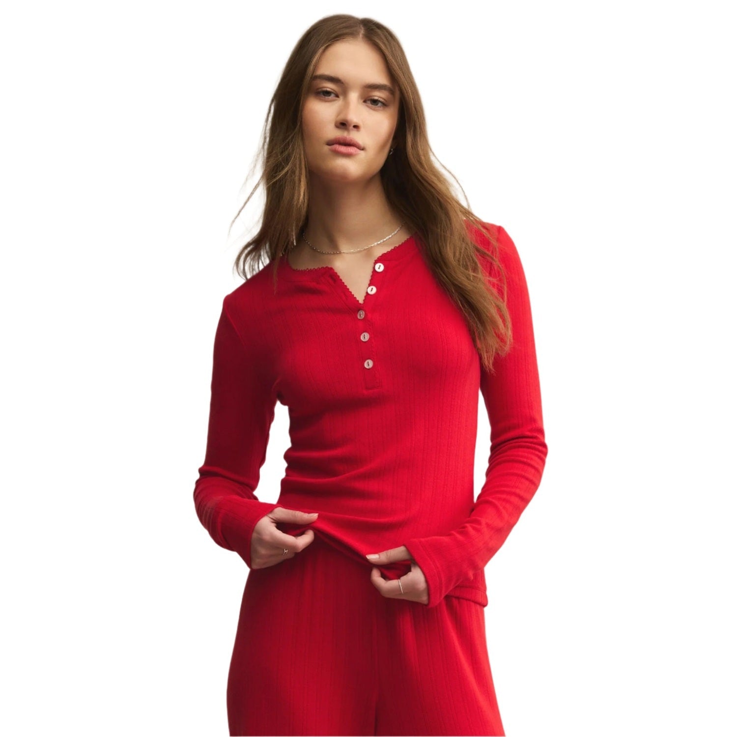 Z Supply 02. WOMENS APPAREL - WOMENS LS SHIRTS - WOMENS LS LOUNGE Women's Holly Pointelle Long Sleeve Top FVR FESTIVE RED