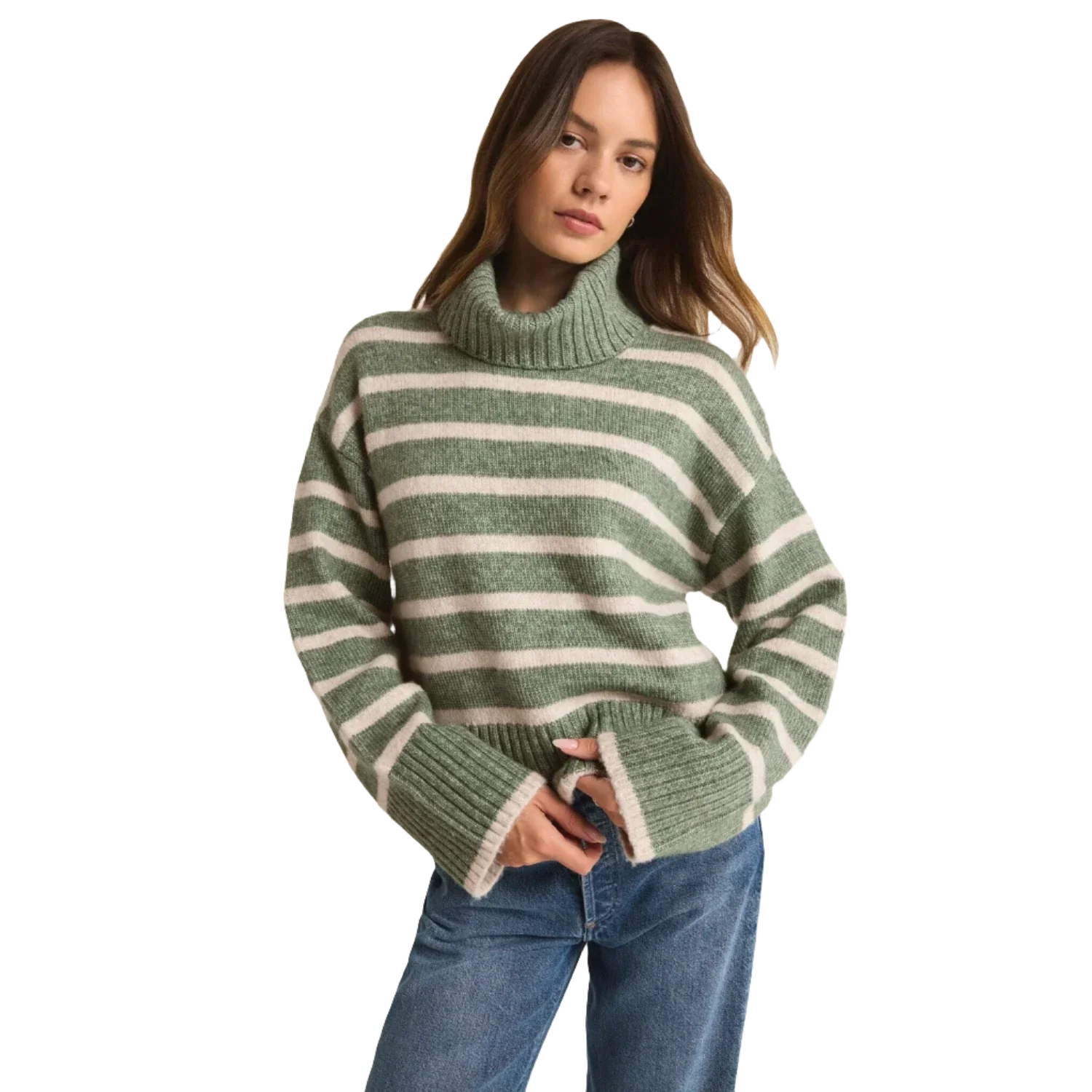 Z Supply 02. WOMENS APPAREL - WOMENS HOODIES|SWEATERS - WOMENS PO SWEATERS Women's Josephine Stripe Sweater PRN PALM GREEN