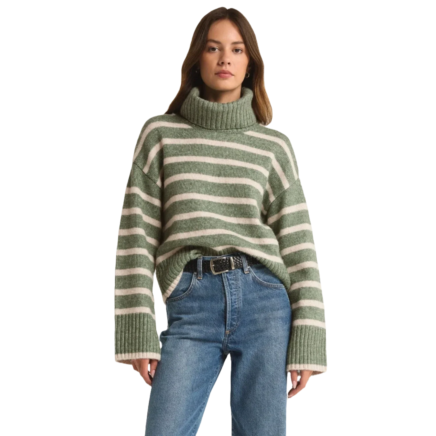 Z Supply 02. WOMENS APPAREL - WOMENS HOODIES|SWEATERS - WOMENS PO SWEATERS Women's Josephine Stripe Sweater PRN PALM GREEN