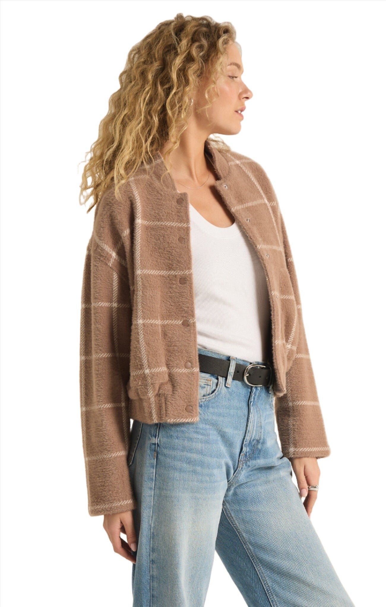 Z Supply 02. WOMENS APPAREL - WOMENS JACKETS - WOMENS JACKETS CASUAL Women's Lex Plaid Bomber Jacket HTP HEATHER TAUPE