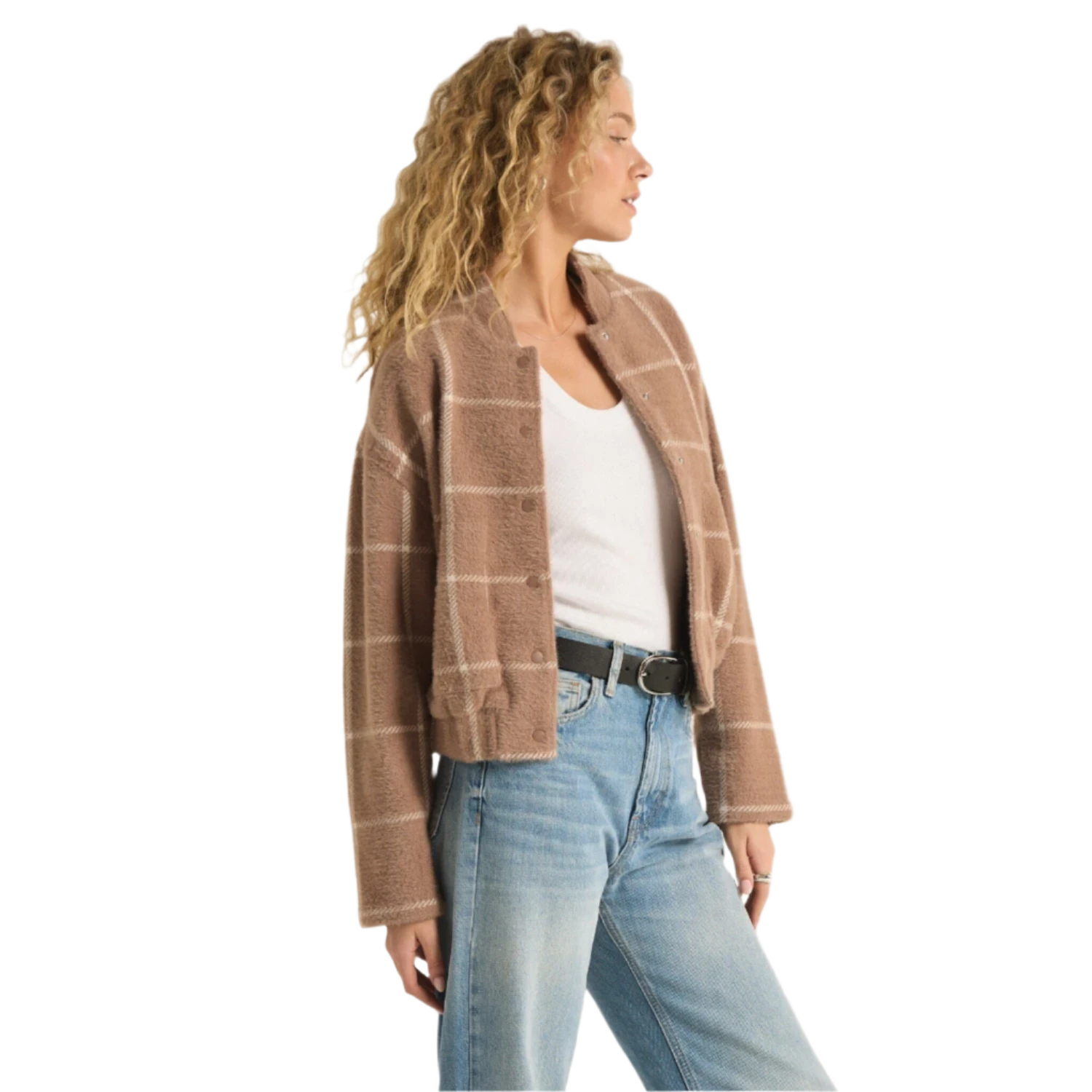 Z Supply 02. WOMENS APPAREL - WOMENS JACKETS - WOMENS JACKETS CASUAL Women's Lex Plaid Bomber Jacket HTP HEATHER TAUPE