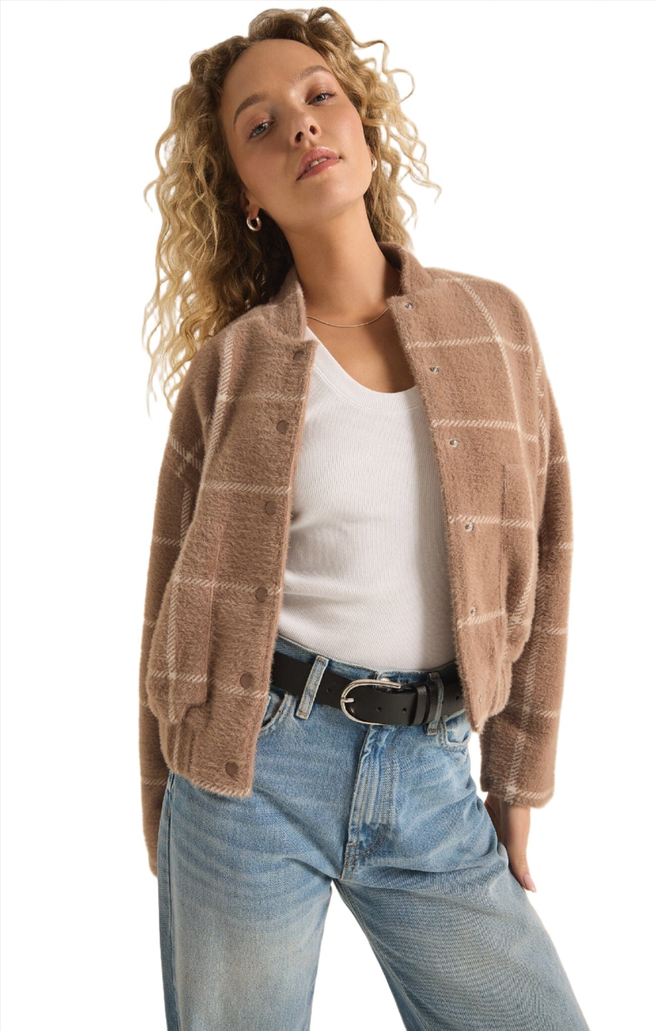 Z Supply 02. WOMENS APPAREL - WOMENS JACKETS - WOMENS JACKETS CASUAL Women's Lex Plaid Bomber Jacket HTP HEATHER TAUPE