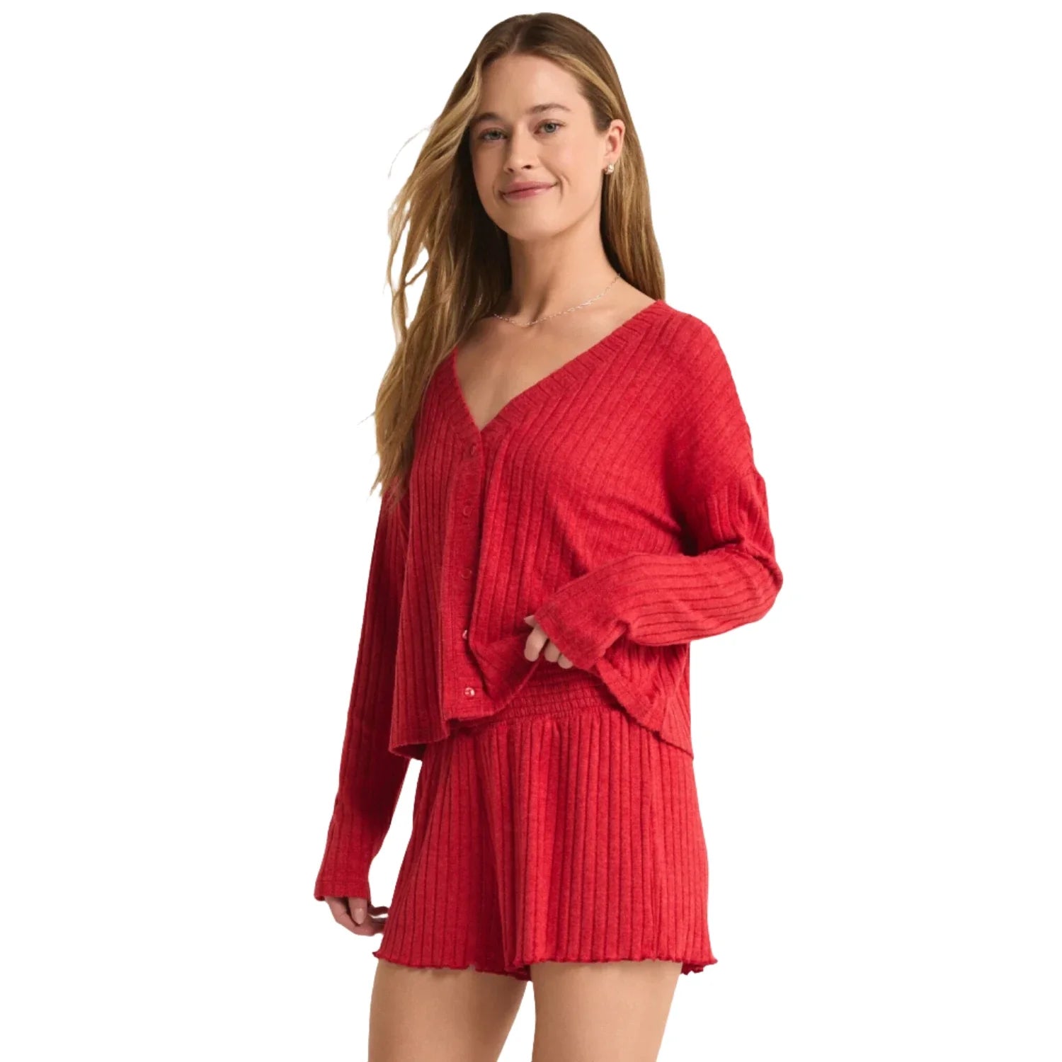 Z Supply 02. WOMENS APPAREL - WOMENS LS SHIRTS - WOMENS LS LOUNGE Women's Mara Long Sleeve Cardigan Top HAU HAUTE RED