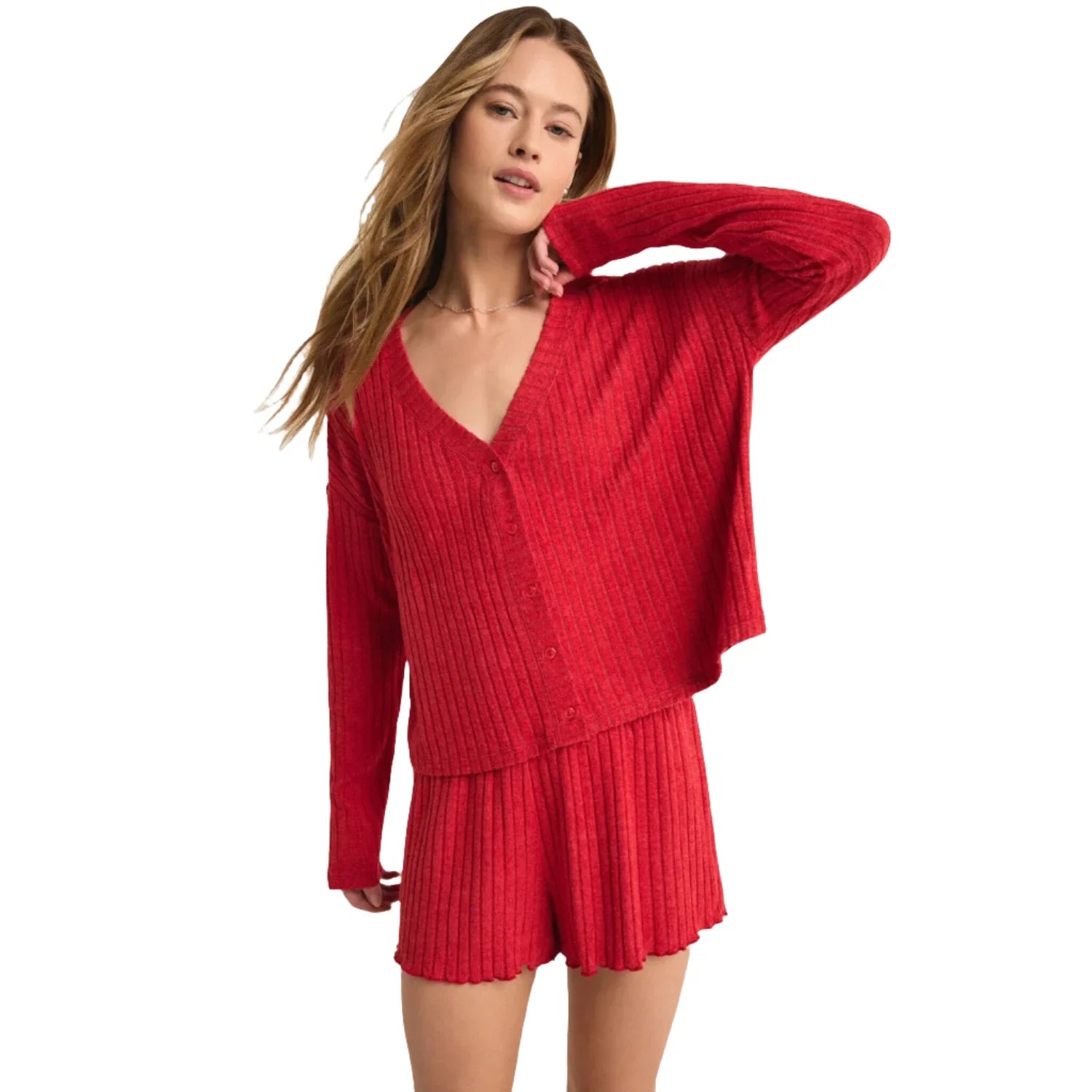 Z Supply 02. WOMENS APPAREL - WOMENS LS SHIRTS - WOMENS LS LOUNGE Women's Mara Long Sleeve Cardigan Top HAU HAUTE RED