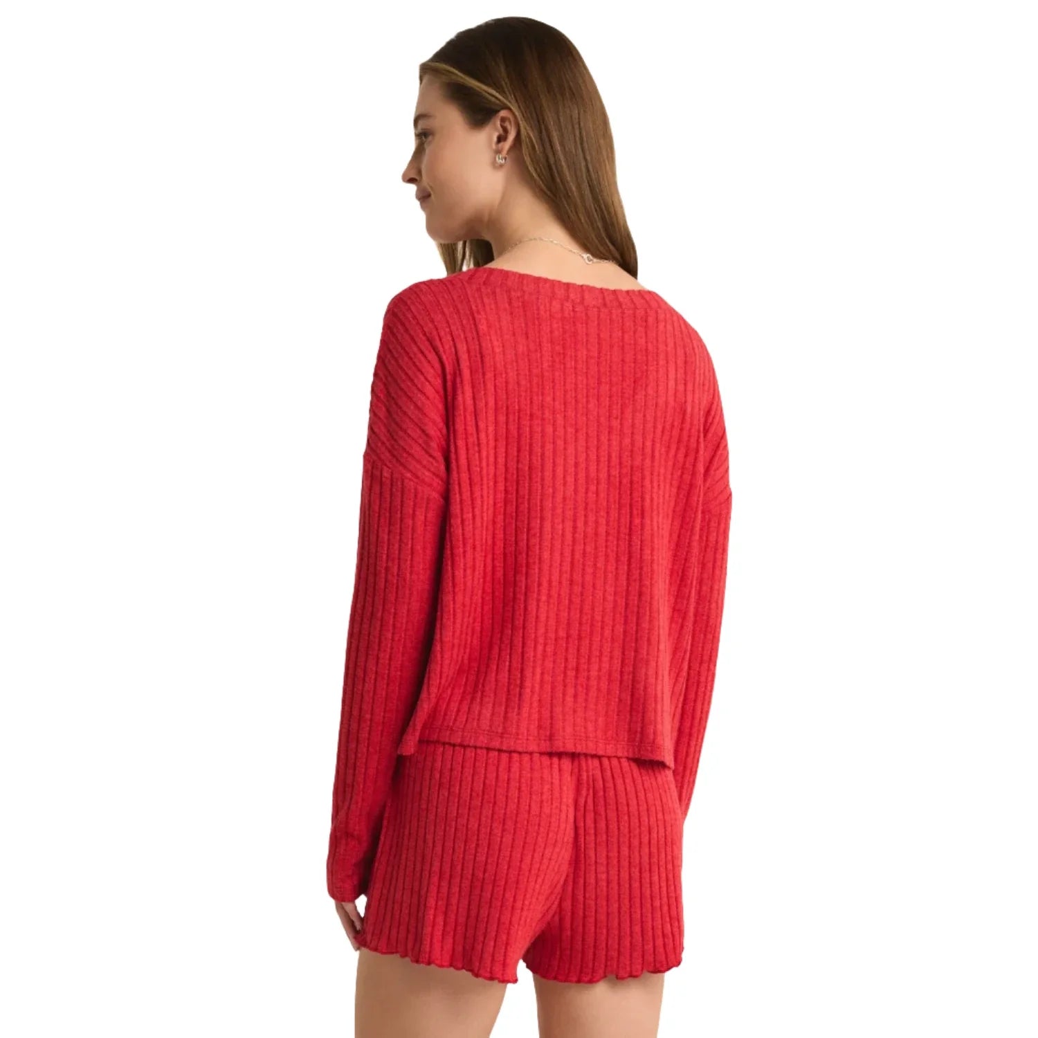 Z Supply 02. WOMENS APPAREL - WOMENS LS SHIRTS - WOMENS LS LOUNGE Women's Mara Long Sleeve Cardigan Top HAU HAUTE RED